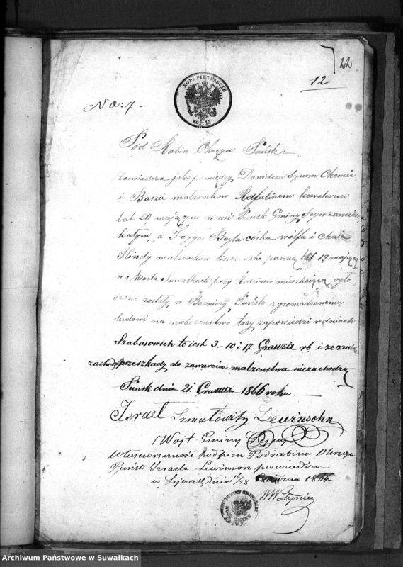 image.from.unit.number "Dowody Akt Ślubnych Okręgu Bożniczego Puńsk z r. 1866"