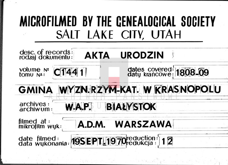 image.from.unit.number "Akta Cywilne Urodzonych Gminy Krasnopolskiey Powiatu Seyneńskiego Departamentu Łomżyńskiego od R.1808 Maia."