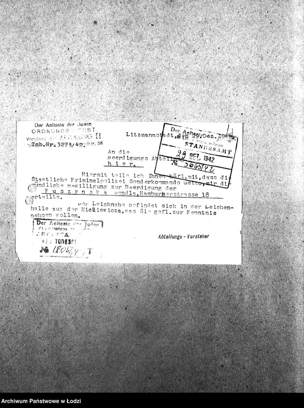 Obraz 7 z jednostki "[Korespondencja wychodząca i przychodząca z wydziałami getta, z niemieckimi urzędami i innymi gettami żydowskimi. Sprawy personalne, meldunkowe mieszkańców getta. Sprawy wewnętrzne Wydziałów Ewidencji]"