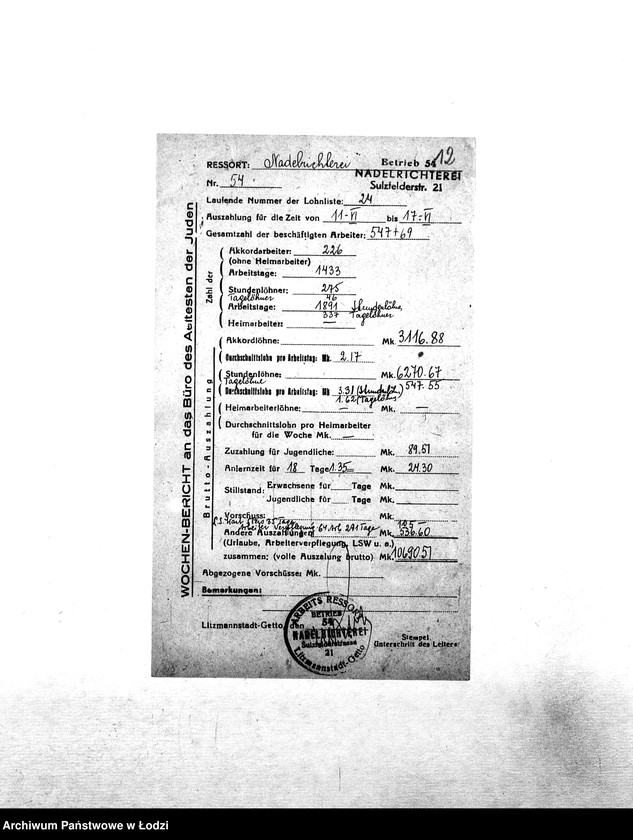 Obraz 15 z jednostki "[Tygodniowe sprawozdania resortów pracy: liczba pracowników, czas pracy, wysokość płacy]"