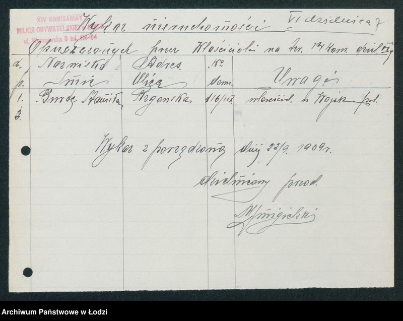 Obraz 9 z jednostki "[Akta XIV Komisariatu Milicji Obywatelskiej - pokwitowania oddanej broni, spisy wolnych lokali, rowerów i motocykli]"