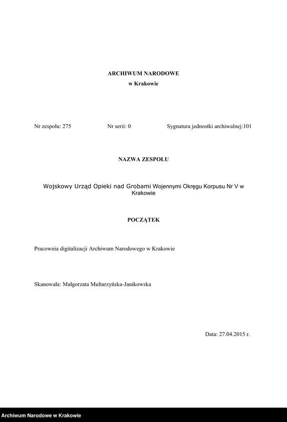 Obraz 1 z jednostki "Karty ewidencyjne zmarłych Włochów na terenie miejscowości: Kraków, Oświęcim, Zakopane, Bielsko, Aleksandrowice, Wadowice, Tanów."