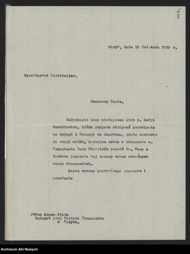 image.from.unit.number "Korespondencja w sprawie biletów na podróże za granicę, uzyskiwania miejsc w kurierze Paryż - Warszawa, paszportów i wiz"