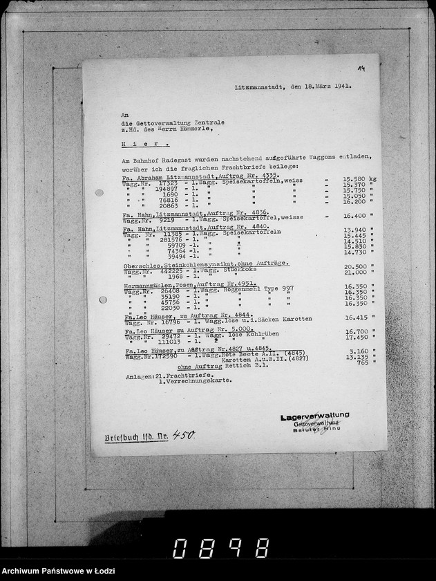 Obraz 18 z jednostki "Ablage [Korespondencja dostawców do Getta dot.wagonowych przesyłek produktów żywnościowych, opału do stacji Radogoszcz]"