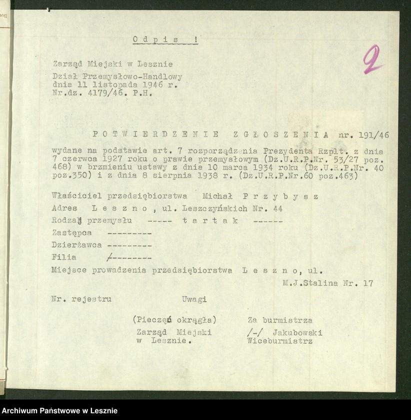 Obraz 4 z jednostki "[Tartak - Michał Przybysz - rejestracja]"