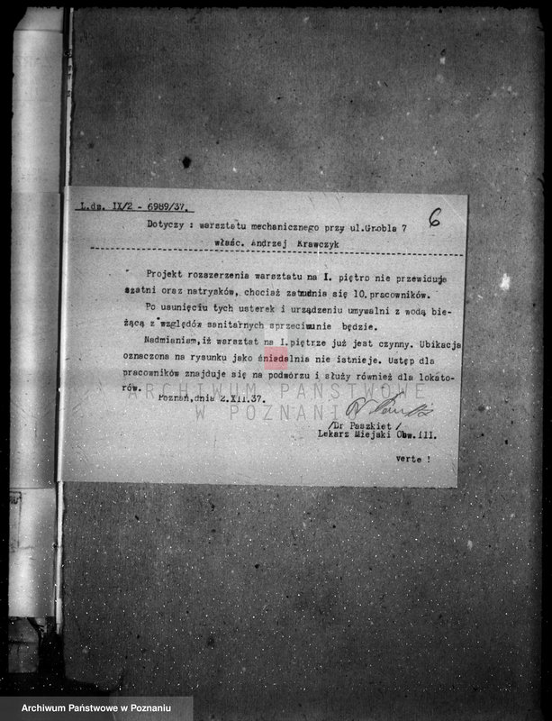 Obraz 10 z jednostki "Zatwierdzenie zakładu przemysłowego / warsztatu mechanicznego części rowerowych/ Firmy Andrzeja Krawczyka w Poznaniu"