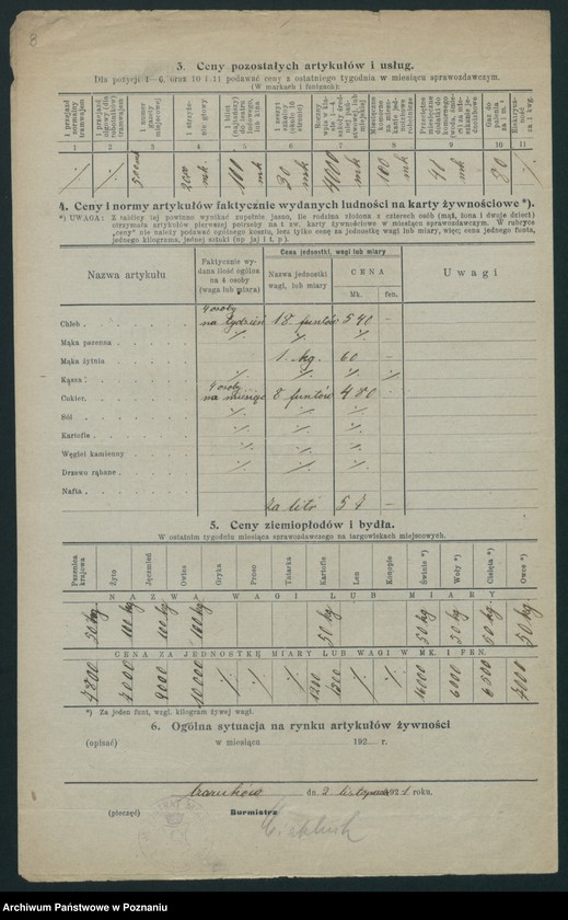 Obraz 8 z jednostki "[Wykazy cen rynkowych artykułów spożywczych w poszczególnych miastach Województwa Poznańskiego za miesiąc październik 1921 roku]"