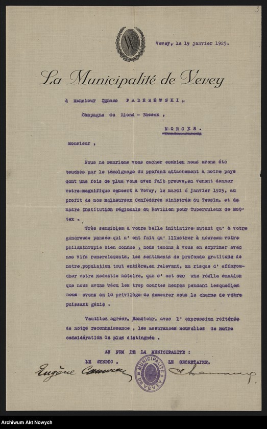 Obraz 5 z jednostki "Municiapalité de Vevey; Załączniki: a) zaproszenia; b) wycinek prasowy; c) 2 fotografie Bulwaru I. J. Paderewskiego; L.19 (odpowiedzi - rękopisy)"