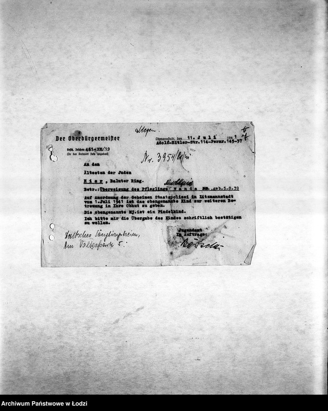 Obraz 10 z jednostki "[Korespondencja PSŻ w sprawie ruchu ludności getta, indywidualnych przesiedleń, przekazywania dzieci do getta itp.]"