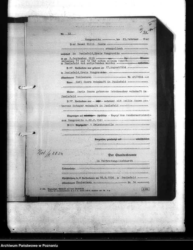 Obraz 10 z jednostki "Wykazy miejscowych Niemców, którzy zginęli w 1939 roku. Kreis Wongrowitz (Wągrowiec)"