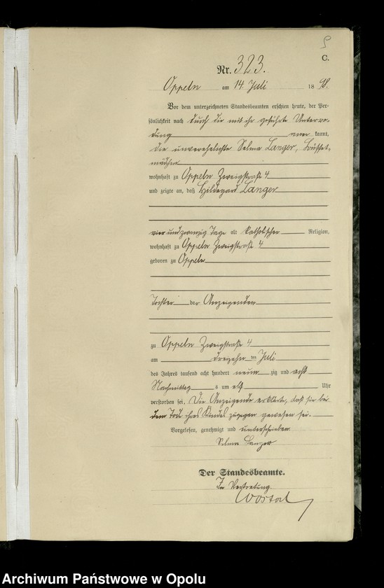 Obraz 12 z jednostki "Urząd Stanu Cywilnego w Opolu 1898 Rejestr zgonów Księga Miejscowa Nr 315 do 632"