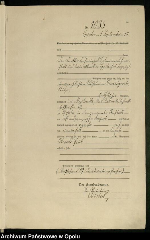 Obraz 7 z jednostki "Urząd Stanu Cywilnego Opole Księga Urodzeń Rok 1914 1034-1493"