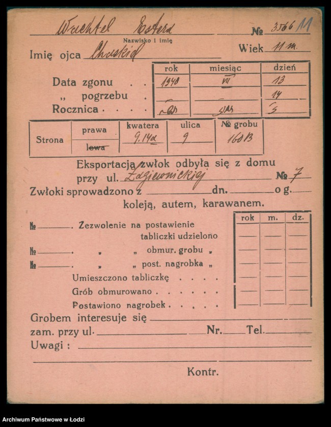Obraz 12 z jednostki "Kartoteka osób pochowanych na cmentarzu żydowskim przy ulicy Brackiej w latach 1892-1953. Nazwiska na litery: Wac-Wajng"