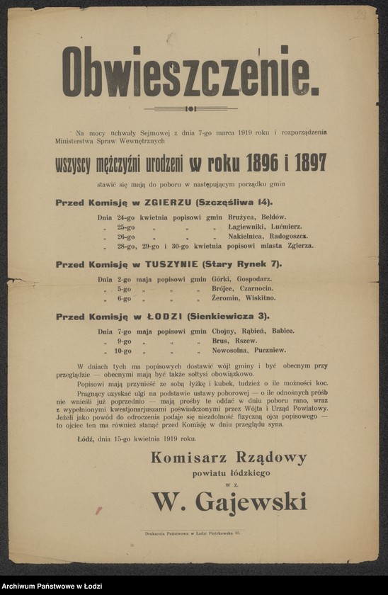 Obraz 1 z jednostki "[Obwieszczenie w sprawie obowiązku stawiennictwa się mężczyzn przed komisjami poborowymi w Zgierzu, Tuszynie i Łodzi]"