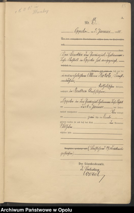 Obraz 19 z jednostki "Urząd Stanu Cywilnego w Opolu 1900 Rejestr Urodzeń Księga Miejscowa Nr 1 do 674"