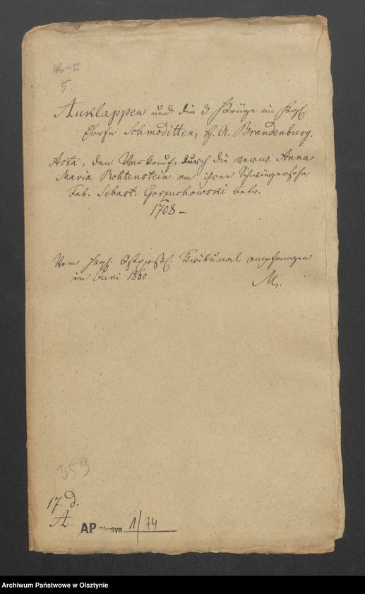 image.from.unit.number "Auklappen und die 3 Krüge in Kgl. Dorfe Schmoditten, H. [Haupt] A. [Amt] Brandenburg [Pokarmin]. Acta, den Verkauf durch die verw. [verwitwe] Anna Maria Rothenstein an ihren Schwigersohn Fab. [Fabian] Sebast. [Sebastjan] Gorzuchowski"