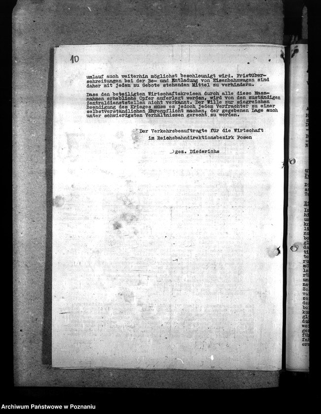 Obraz 14 z jednostki "Berichte über Auswirkungen der Verkehrslage im Reichsbahndirektionsbezirk Posen. Versorgung der bombenbeschädigten Bevölkerung. Treibstoffzuteilungen"