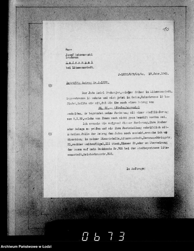 Obraz 14 z jednostki "J 1221-1240 [Wnioski Żydów z Getta o zwrot należności za pracę i towar wzięty na kredyt]"