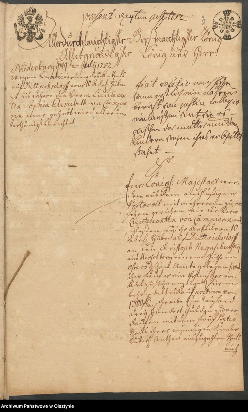 image.from.unit.number "In S. [Sachen] der verwittibten Lieutenantin Sophia Elisabeth von Campier. Den Verkauff ihrer 10 Adelichen Huben in Dietrichsdorff [Wietrzychowo] an den Christoph von Naguschewski"