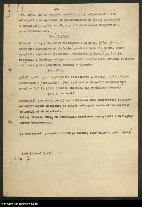Obraz 6 z jednostki "Protokół narady instruktorów i przewodniczących sekcji propagandy komitetów powiatowych i komitetów miejskich"