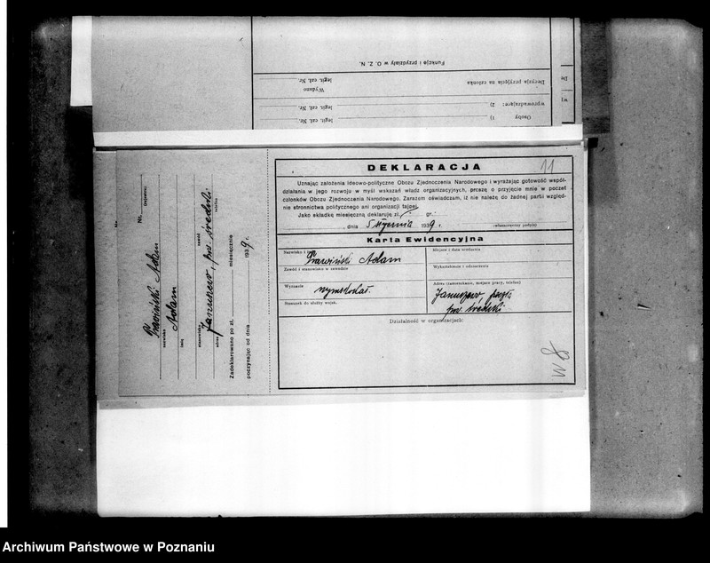 Obraz 10 z jednostki "Korespondencja w sprawach organizacyjno-personalnych Obozu Zjednoczenia Narodowego - podanie w sprawie poparcia, opinii, zaproszenia i powiadomienia o zebraniach, deklaracje"