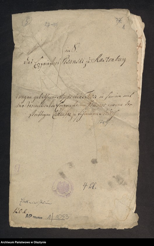 image.from.unit.number "In S. [Sachen] des Erzpriester Pisanski zu Rastenburg [Kętrzyn] wegen gebethener Asistentine Fisci in seinen mit der Verwittwe Erzpristerin Volmer wegen der strittigen Chaluppe zu führenden Proceß"