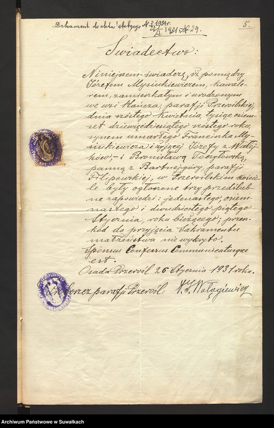 Obraz 7 z jednostki "Dokumenty przedstawione do ślubnych aktów roku 1931 w parafji rzymsko-katolickiej Filipów powiatu suwalskiego."