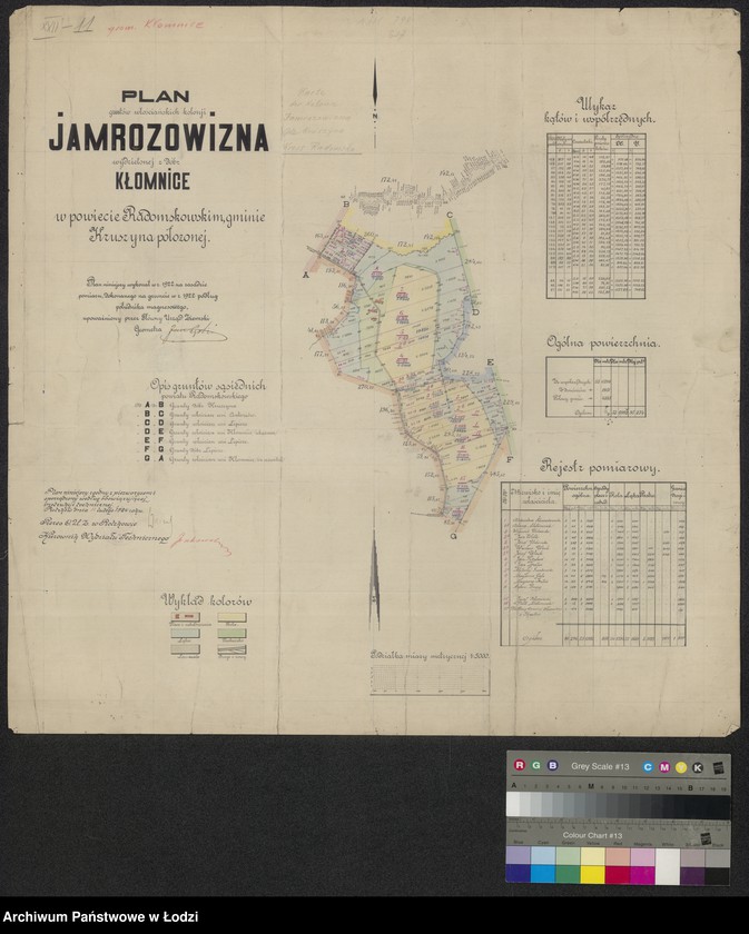 Obraz 1 z jednostki "Plan gruntów włościańskich kolonii Jamrozawizna wydzielonej z dóbr Kłomnice w powiecie radomskowskim, gminie Kruszyna położonej"