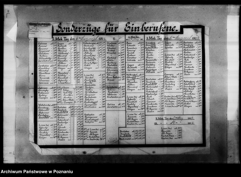 image.from.unit.number "Afisze, druki, odezwy, wycinki prasowe związane z wybuchem wojny i jej przebiegiem, między innymi telegramy: o mobilizacjiz 2 sierpnia 1914 roku i rekwirowaniu pojazdów oraz rozkład jazdy pociągów specjalnych w związku z mobilizacją [język niemiecki.]"