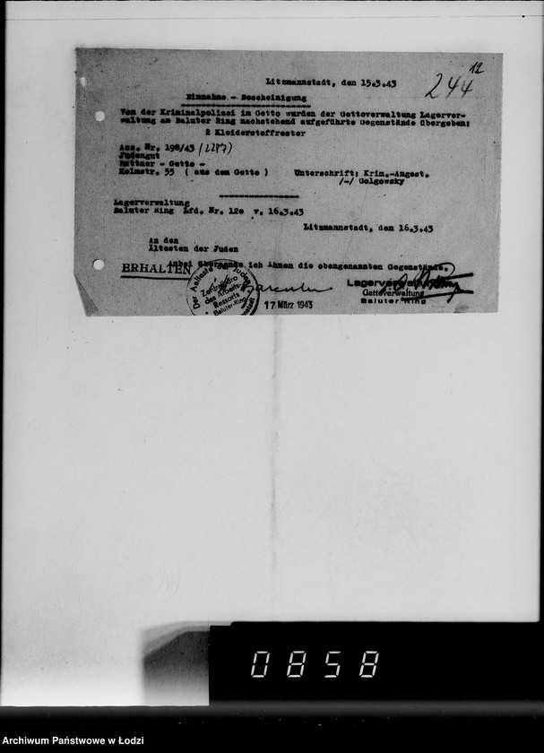 Obraz 16 z jednostki "[Konfiskata przez Kripo w Getcie ruchomego mająktu żydowskiego] Nr 1-250"