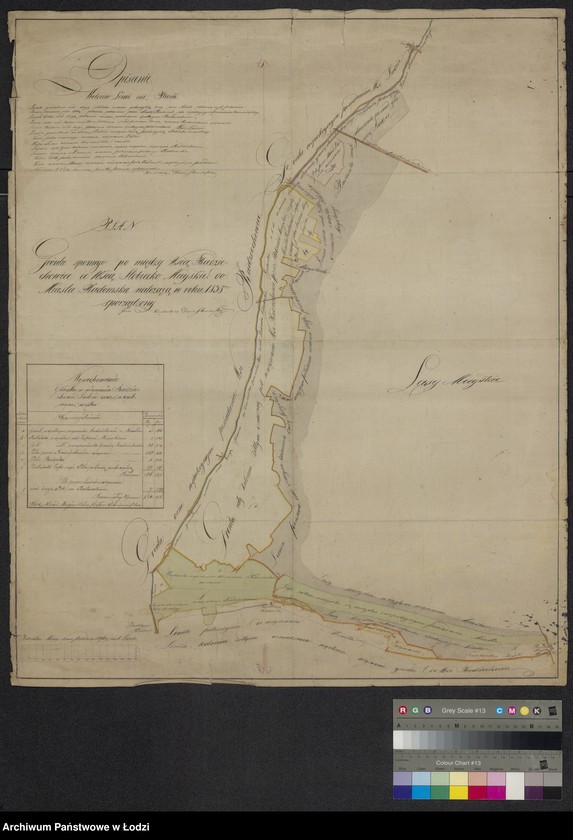Obraz 1 z jednostki "Plan gruntu spornego pomiędzy wsią Radziechowice a wsią Stobiecko Miejskie do miasta Radomska należącą"