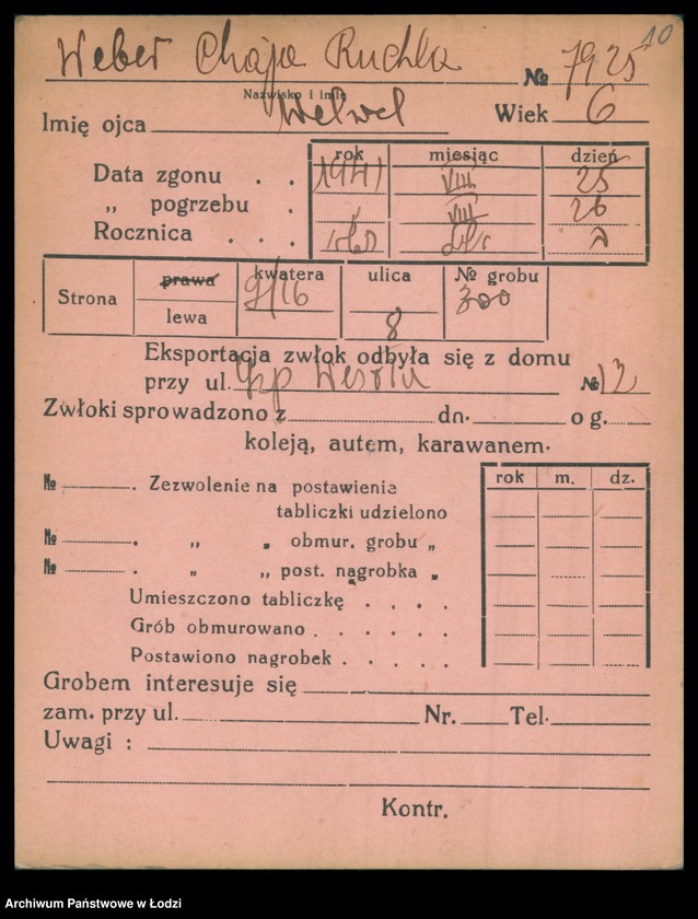 Obraz 11 z jednostki "Kartoteka osób pochowanych na cmentarzu żydowskim przy ulicy Brackiej w latach 1892-1957. Nazwiska na litery: Wd-Wis"