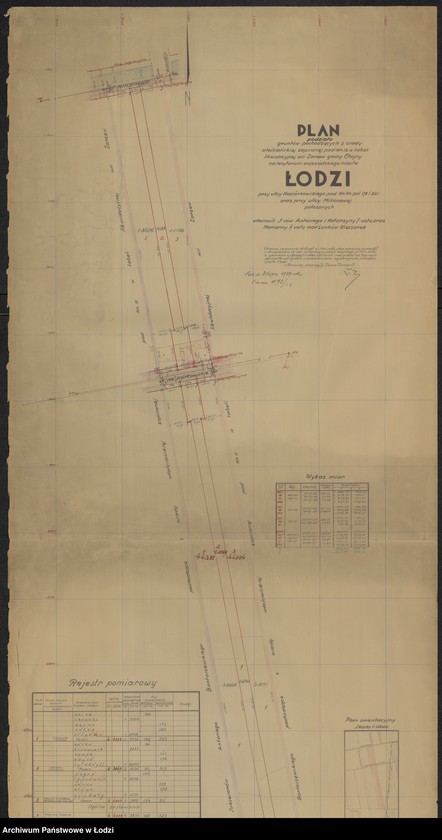 Obraz 1 z jednostki "Plan podziału gruntów pochodzących z osady włościańskiej zapisanej pod nr 12 IV tabeli likwidacyjnej wsi Zarzew gminy Chojny na terytorium wojewódzkiego miasta Łodzi przy ulicy Napiórkowskiego pod numerami policyjnymi 176 i 221 oraz przy ulicy Milionowej położonych własność spadkobierców Antoniego i Katarzyny I voto oraz Marianny II voto małżonków Wieczorek"