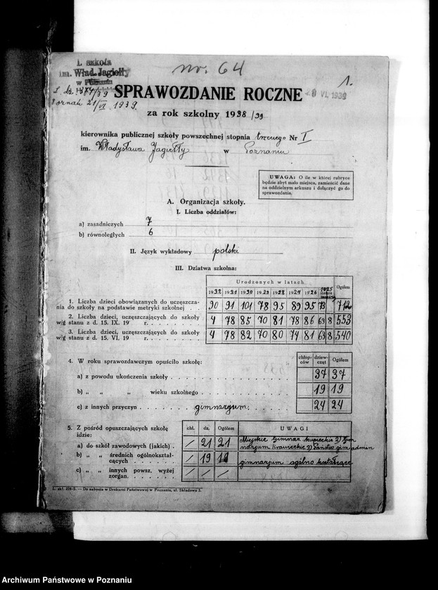 Obraz 5 z jednostki "Sprawozdanie roczne szkół powszechnych na terenie miasta Poznania"