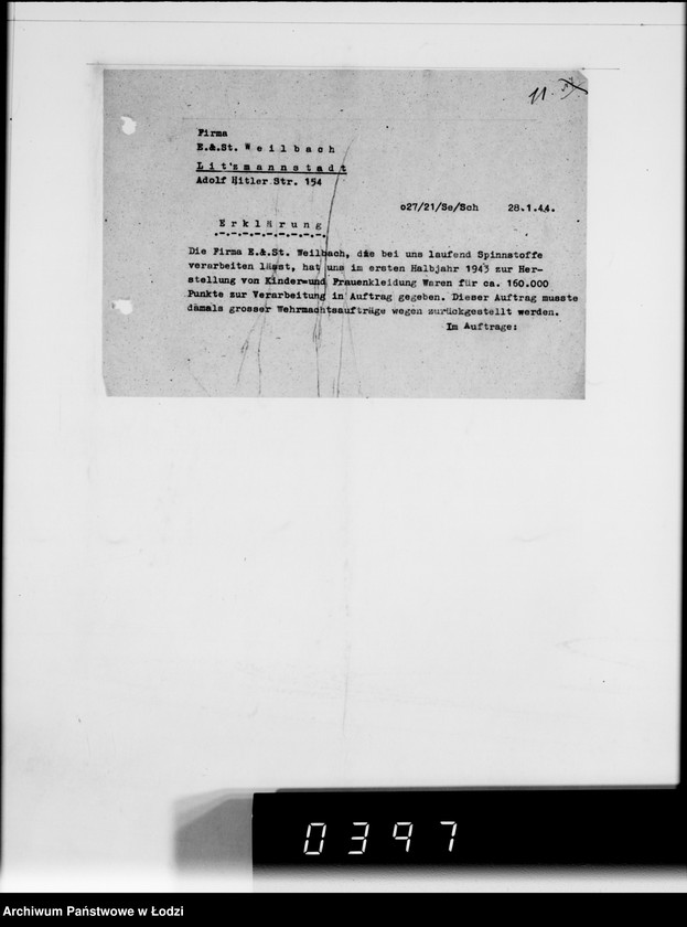 Obraz 15 z jednostki "F-ma St.Weilbach Litzmannstadt IV Warenverwertung an Lager 99"