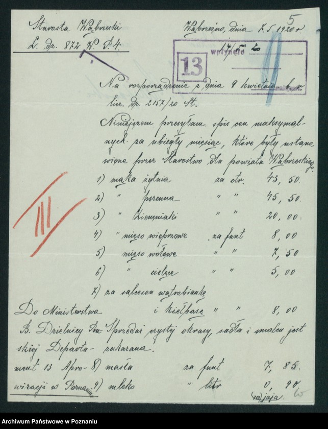 Obraz 7 z jednostki "[Wykazy cen maksymalnych Województwa Pomorskiego za miesiąc kwiecień 1920 roku]"