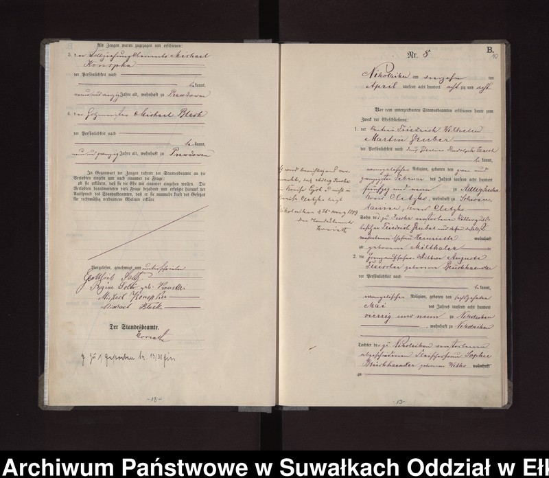 Obraz 12 z jednostki "Heiraths-Haupt-Register des Königlichen Preussischen Standes-Amtes /Stadt/ Nikolaiken Kreis Sensburg für das Jahr 1887 Nikolaiken Kreis Sensburg für das Jahr 1888"