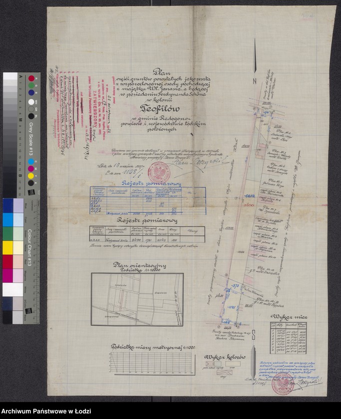 Obraz 1 z jednostki "Plan części gruntów pozostałych jako reszta z rozparcelowanej osady pochodzącej z majątku Władysława Janasza, a będącej w posiadaniu Ferdynanda Schöna w kolonii Teofilów w gminie Radogoszcz powiecie i województwie łódzkim położonych"