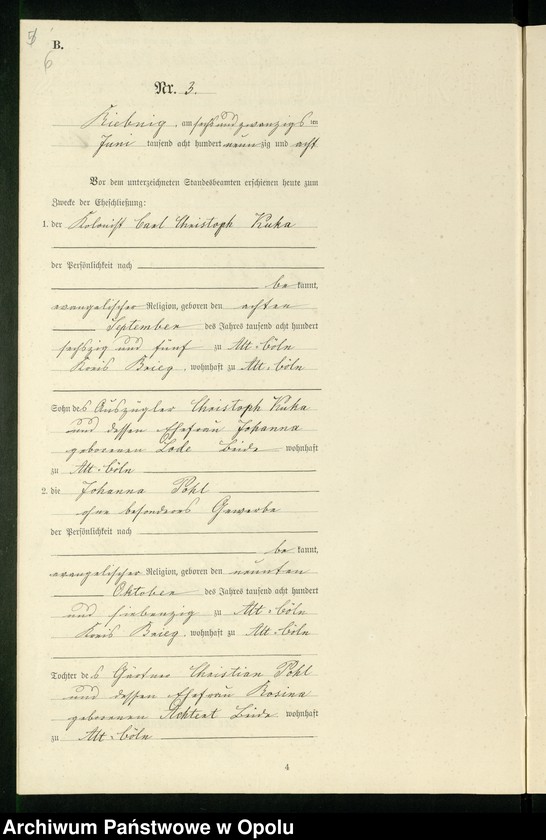 Obraz 9 z jednostki "Heiraths-Neben-Register Standes-Amt Riebnig 1898"