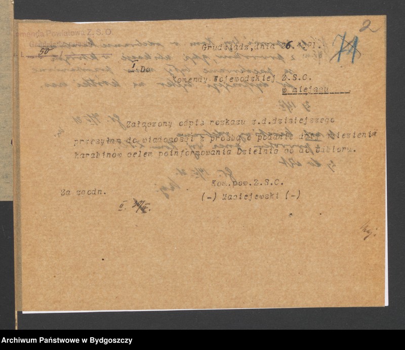 image.from.unit.number "Raporty o stanie uzbrojenia poszczególnych Komend Powiatowych Zachodniej Straży Obywatelskiej i Rozkazy Komendy Wojewódzkiej Pomorze dotyczące uzbrojenia"