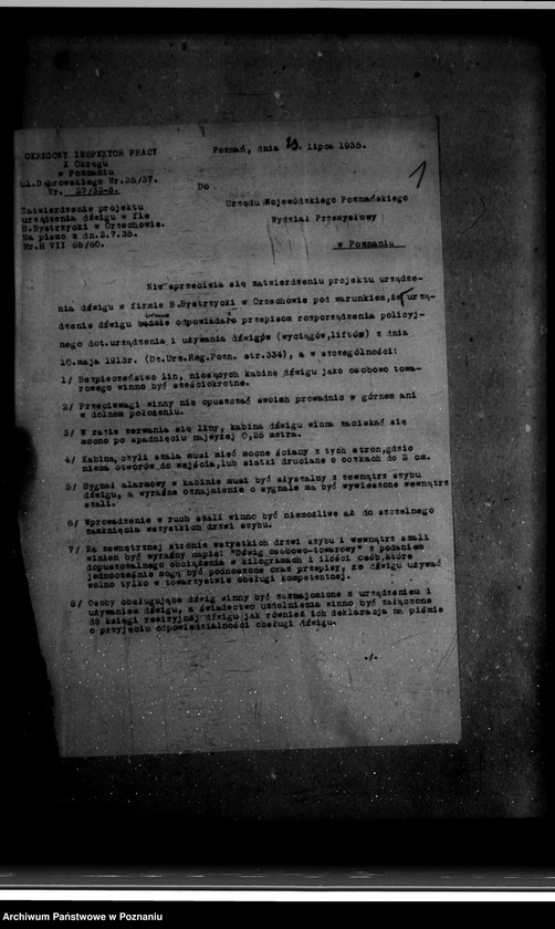 Obraz 5 z jednostki "Zatwierdzenie zakładu przemysłowego /urządzenia dźwigu/ Bystrzyckiego w Orzechowie Zjednoczone Fabryki Przeróbki Drzewa"