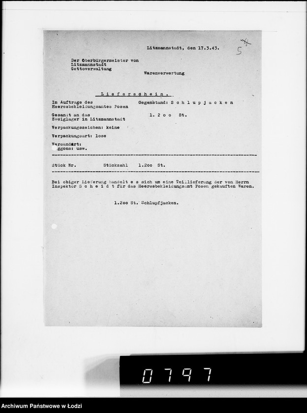 Obraz 9 z jednostki "Heeresbekleidungsamt Posen Warenverwertung an den Juden Ältesten. Textilwaren"