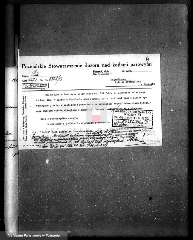 Obraz 9 z jednostki "Towarzystwo Akcyjne "Sport" w Kościanie Fabryka przyborów sportowych w Kościanie nr woj. kotła 1923"