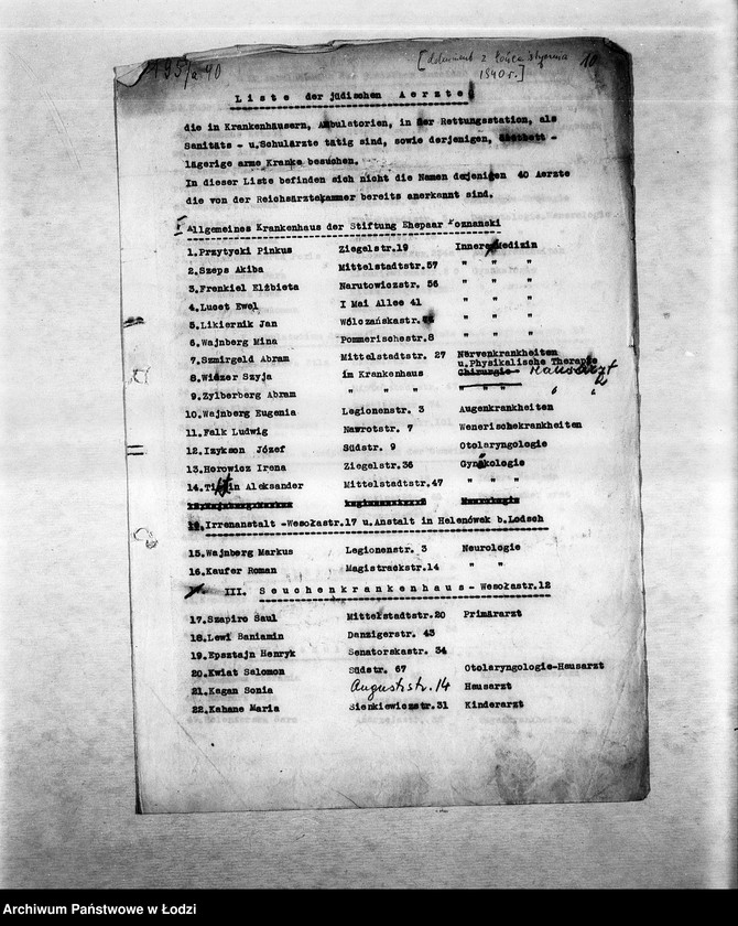 Obraz 13 z jednostki "Zdrowotność [M.in. zarządzenia dotyczące zdrowia ludności, zakładanie szpitali i ambulatoriów, walka z chorobami zakaźnymi, higiena getta, lekarze, inspektorzy sanitarni]"