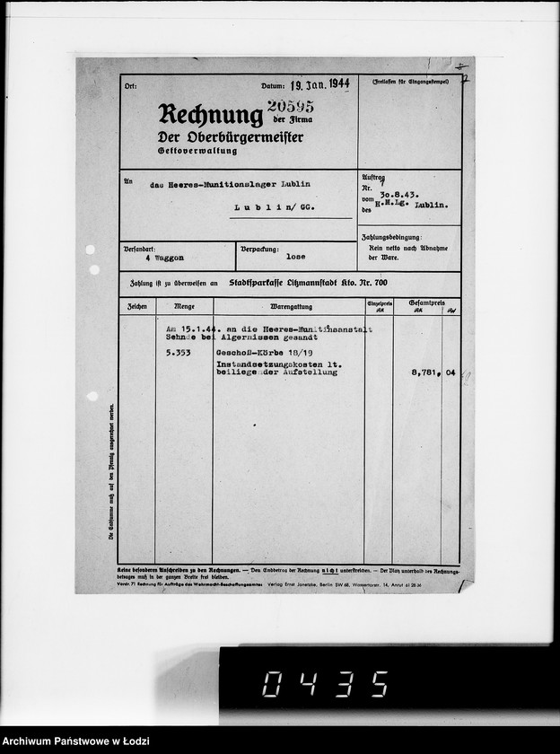 Obraz 13 z jednostki "Auftrag 5934. Warenverwertung an den Judenältesten für Munitionslager Lublin. Geschosskörbe"