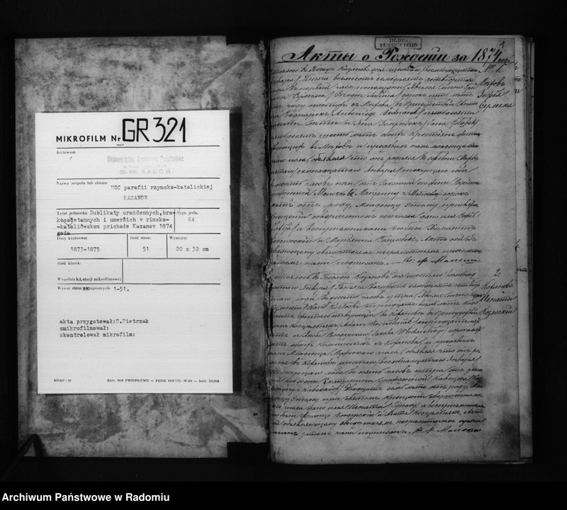 Obraz 3 z jednostki "Dublkat uroždennyh, brakosočetannnyh i umerših v rimsko-katoličeskom prihode Kazanov 1874 goda"