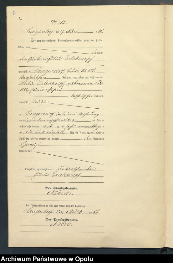 Obraz 16 z jednostki "Geburts-Neben-Register des Standesamts Langendorf pro 1886"