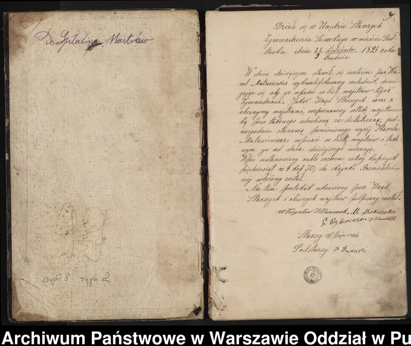 image.from.unit.number "Książka Urzędu Starszych Szewskiego do zapisywania majstrów."List majstrowski kunsztu szewskiego" z r. 1875 wystawiony na nazwisko Jana Szczepankowskiego"