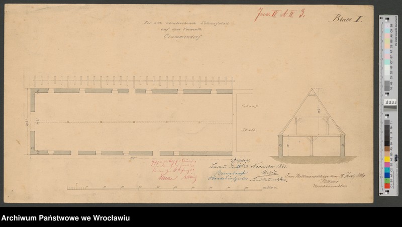 image.from.unit.number "Der Alte abzubrechende Schaafstall auf dem Vorwerk Crummendorf. Blatt I"