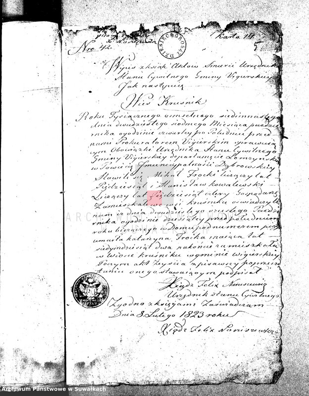 image.from.unit.number "Dowody służące do Aktów Małżeństwa Urzędnika Stanu Cywilnego Gminy Wigierskiey w Obwodzie i Woiewództwie Augustowskim na rok od 1-go Stycznia 1823 do ostatniego Grudnia tegoż roku."